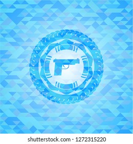 pistol icon inside light blue emblem. Mosaic background