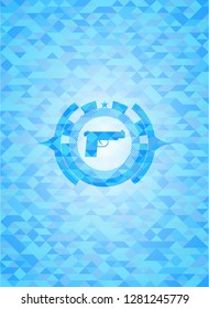 pistol icon inside light blue emblem with triangle mosaic background