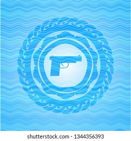 pistol icon inside light blue water wave emblem.