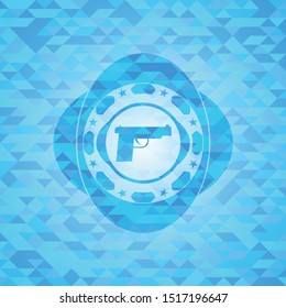 pistol icon inside light blue emblem. Mosaic background