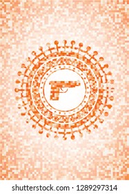 pistol icon inside orange mosaic emblem with background