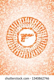 pistol icon inside orange mosaic emblem with background
