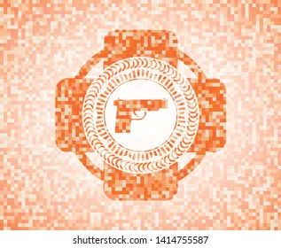 pistol icon inside orange mosaic emblem