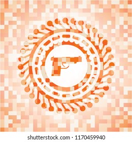 pistol icon inside orange tile background illustration. Square geometric mosaic seamless pattern with emblem inside.