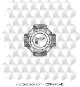 pistol icon inside realistic grey emblem with geometric cube white background