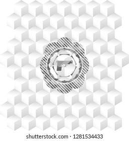 pistol icon inside realistic grey emblem with geometric cube white background