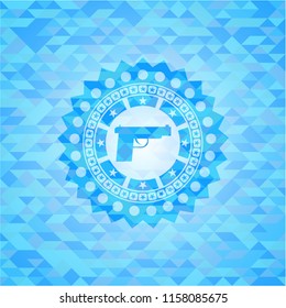pistol icon inside realistic light blue emblem. Mosaic background