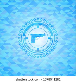 pistol icon inside realistic light blue emblem. Mosaic background