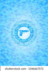 pistol icon inside realistic sky blue mosaic emblem