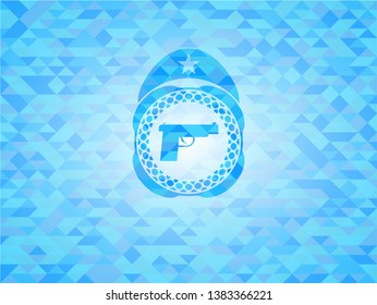 pistol icon inside realistic sky blue mosaic emblem