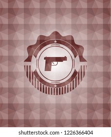 pistol icon inside red badge with geometric pattern. Seamless.
