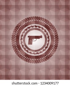 pistol icon inside red badge with geometric pattern background. Seamless.