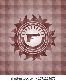 pistol icon inside red badge with geometric pattern. Seamless.