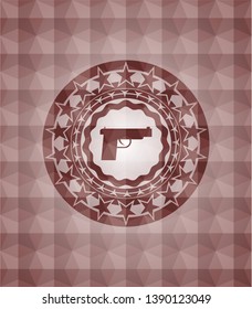 pistol icon inside red emblem or badge with abstract geometric polygonal pattern background. Seamless.