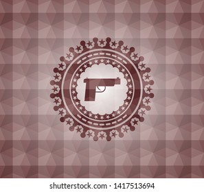 pistol icon inside red emblem or badge with geometric pattern background. Seamless.