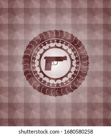 pistol icon inside red emblem with geometric background. Seamless.