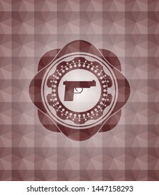 pistol icon inside red geometric badge. Seamless.