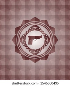 pistol icon inside red geometric emblem. Seamless.
