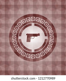 pistol icon inside red seamless badge with geometric pattern background.