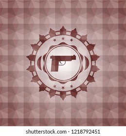 pistol icon inside red seamless geometric pattern emblem. Seamless.