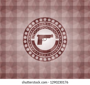 pistol icon inside red seamless emblem with geometric pattern background.