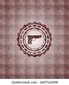 pistol icon inside red seamless emblem with geometric pattern background.