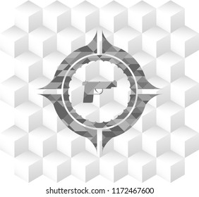 pistol icon inside retro style grey emblem with geometric cube white background