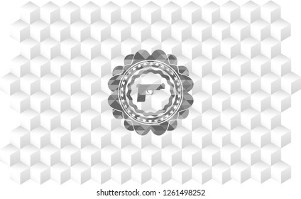 pistol icon inside retro style grey emblem with geometric cube white background