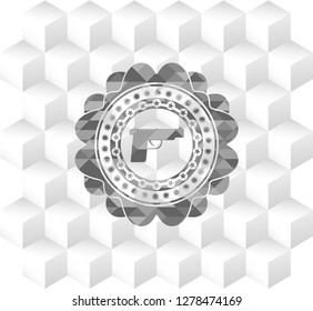 pistol icon inside retro style grey emblem with geometric cube white background