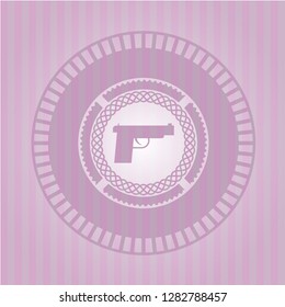 pistol icon inside retro style pink emblem