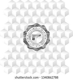 pistol icon inside retro style grey emblem with geometric cube white background