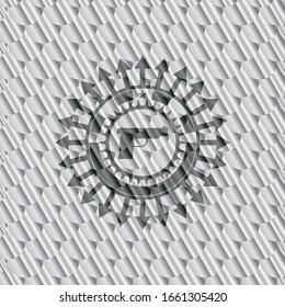 pistol icon inside silver emblem. Scales pattern. Vector Illustration. Detailed.