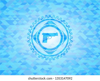 pistol icon inside sky blue emblem. Mosaic background