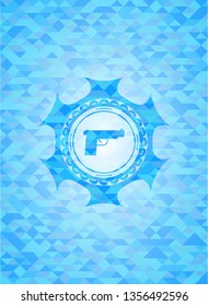pistol icon inside sky blue mosaic emblem
