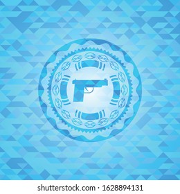 pistol icon inside sky blue emblem with mosaic ecological style background