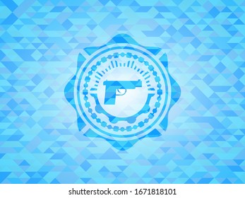 pistol icon inside sky blue mosaic emblem