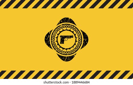 pistol icon inside warning sign, black grunge emblem. Vector Illustration. Detailed. 