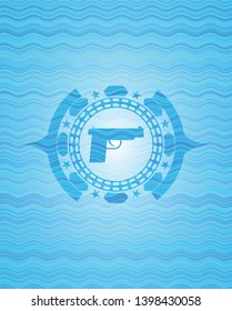 pistol icon inside water wave representation badge background.