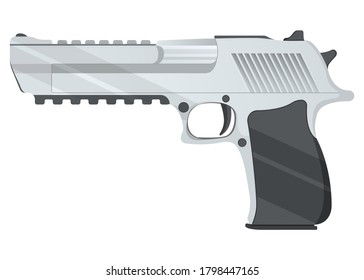 Pistol icon, self defense weapon, concept cartoon vector illustration, isolated on white. Shooting powerful firearms revolver, gunshot instrument.
