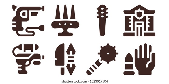 pistol icon set. 8 filled pistol icons.  Collection Of - Water gun, Revolver, Weapon, Weapons, No weapons, Police