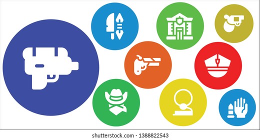 pistol icon set. 9 filled pistol icons.  Simple modern icons about  - Water gun, Weapon, Police, Cowboy, Gun, Pistol, No weapons