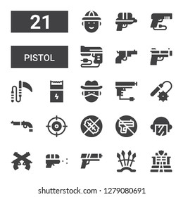 pistol icon set. Collection of 21 filled pistol icons included Police, Weapons, Gun, Water gun, Pistol, No weapons, Shooter, Cowboy, Weapon, Hunter