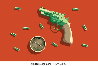 Pistol illustration with bullets and compass