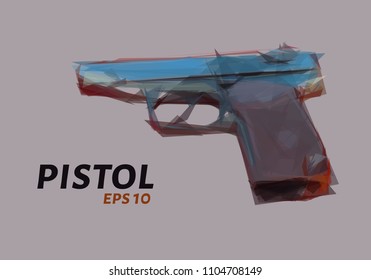 The pistol is made of triangles. Low poly weapon. Vector illustration.