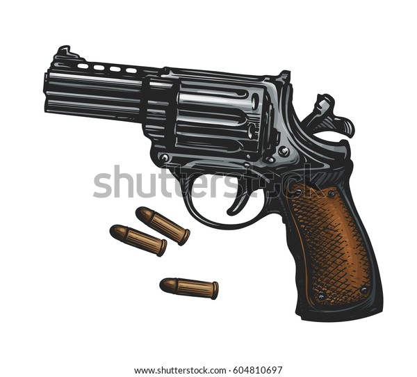 ピストル リボルバー銃と弾 スケッチ ビンテージベクターイラスト のベクター画像素材 ロイヤリティフリー