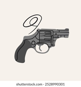 Pistola o revólver. Vista lateral. Silueta de arma. Estilo de dibujos animados. Protección, ejército, arsenal, concepto de munición. Ilustración vectorial dibujada a mano. Elemento de diseño aislado. Logotipo, icono, impresión, Plantilla de diseño