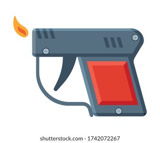 Pistol Shape Cigarette Lighter with Fire, Flammable Smoking Equipment Vector Illustration