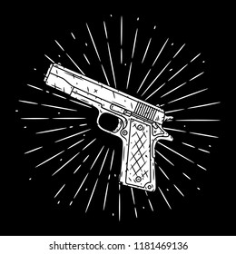 Pistol. Vector illustration with pistol and divergent rays. Used for poster, banner, web, t-shirt print, bag print, badges, flyer, logo design and more. 
