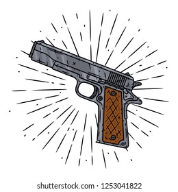 Pistol. Vector illustration with pistol and divergent rays. Used for poster, banner, web, t-shirt print, bag print, badges, flyer, logo design and more. 