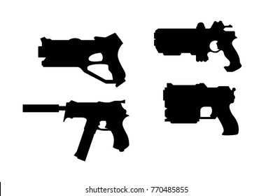 Pistols For Laser Tag Set, Silhouette Black, White, Vector Illustration Flat